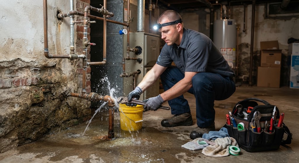 emergency leak repair Ewing NJ technician inspecting active pipe rupture