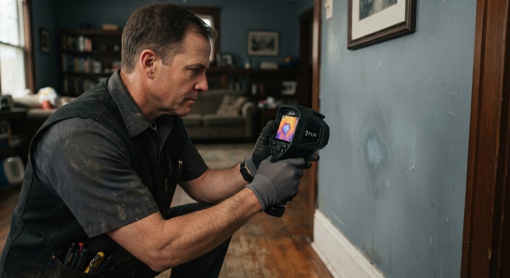 water leak detection Ewing NJ technician using infrared thermal imaging camera