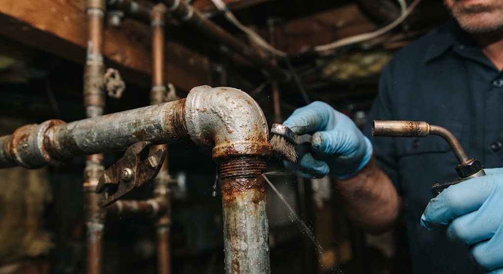 pipe leak repair Ewing NJ technician inspecting pressurized copper line